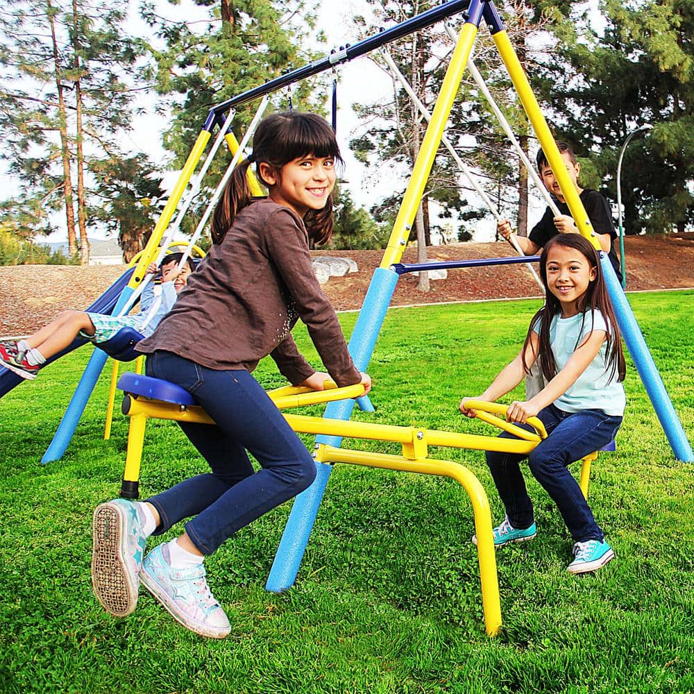 Sportspower Blue and Yellow Metal Swing Set with Slide and Teeter-Totter
