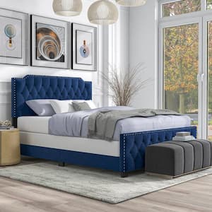 Bernadetta Navy King Panel Bed with Tufted Upholstery