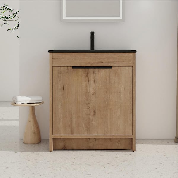 Staykiwi 30 in. W x 18.3 in. D x 34 in. H Freestanding Bathroom Vanity in Imitative Oak with Black Ceramic Top