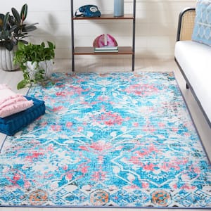 Riviera Light Blue/Pink 9 ft. x 12 ft. Machine Washable Floral Geometric Area Rug