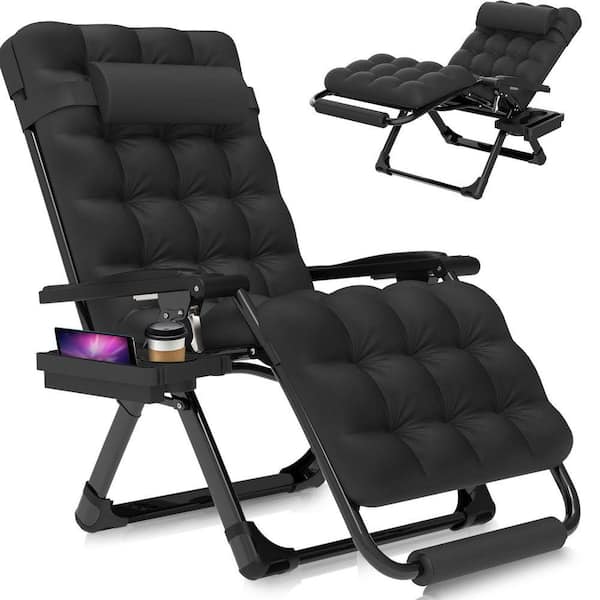 Reclining Patio Lounger Chair Steel Extra Wide Zero Gravity Chair with Cup Holder&Headrest&Removable Black Mattress