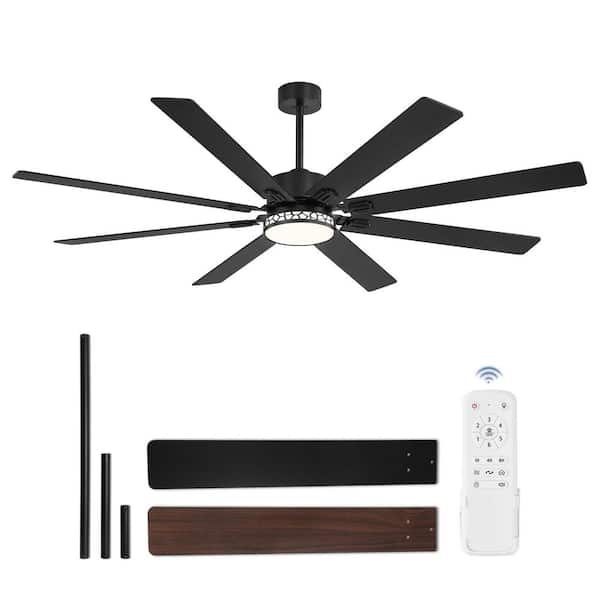 HINNIXY 72 in. Indoor/Covered Outdoor Black Standard 6-Speed Downrod Mount Ceiling Fan with Lights and Remote Control