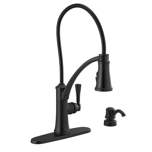 Delta Foundry Single-Handle Pull-Down Sprayer Kitchen Faucet with ShieldSpray and Soap Dispenser in Matte Black