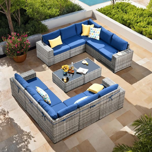 Beatrice 12-Piece Wicker Outdoor Sectional Set with Navy Blue Cushions