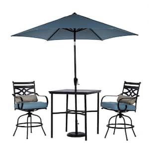 Montclair 3-Piece Steel Outdoor Dining Set with Ocean Blue Cushions, 2 Swivel Chairs, 33 in. Table and Umbrella