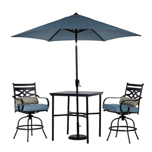 Hanover Montclair 3-Piece Steel Outdoor Dining Set with Ocean Blue Cushions, 2 Swivel Chairs, 33 in. Table and Umbrella