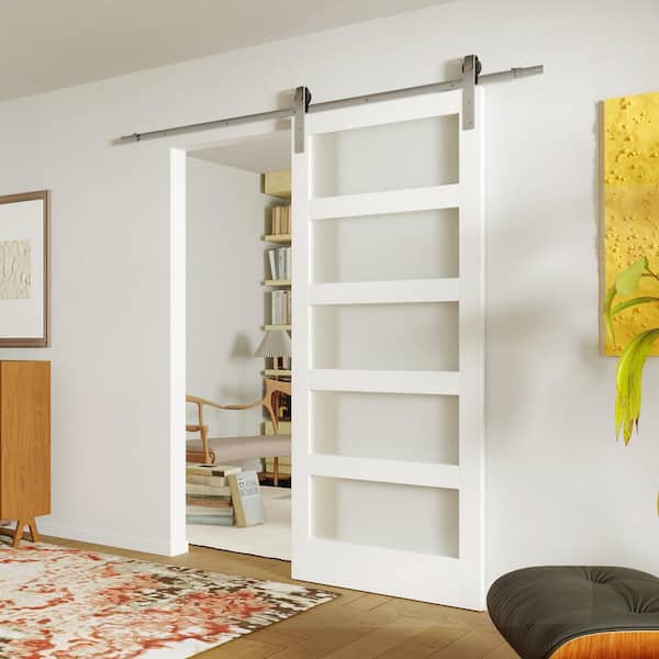 36 in. x 84 in. White, Finished, MDF, Frosted Glass, 5 Glass Panel Barn Door Slab with Brushed Nickel Hardware Kit