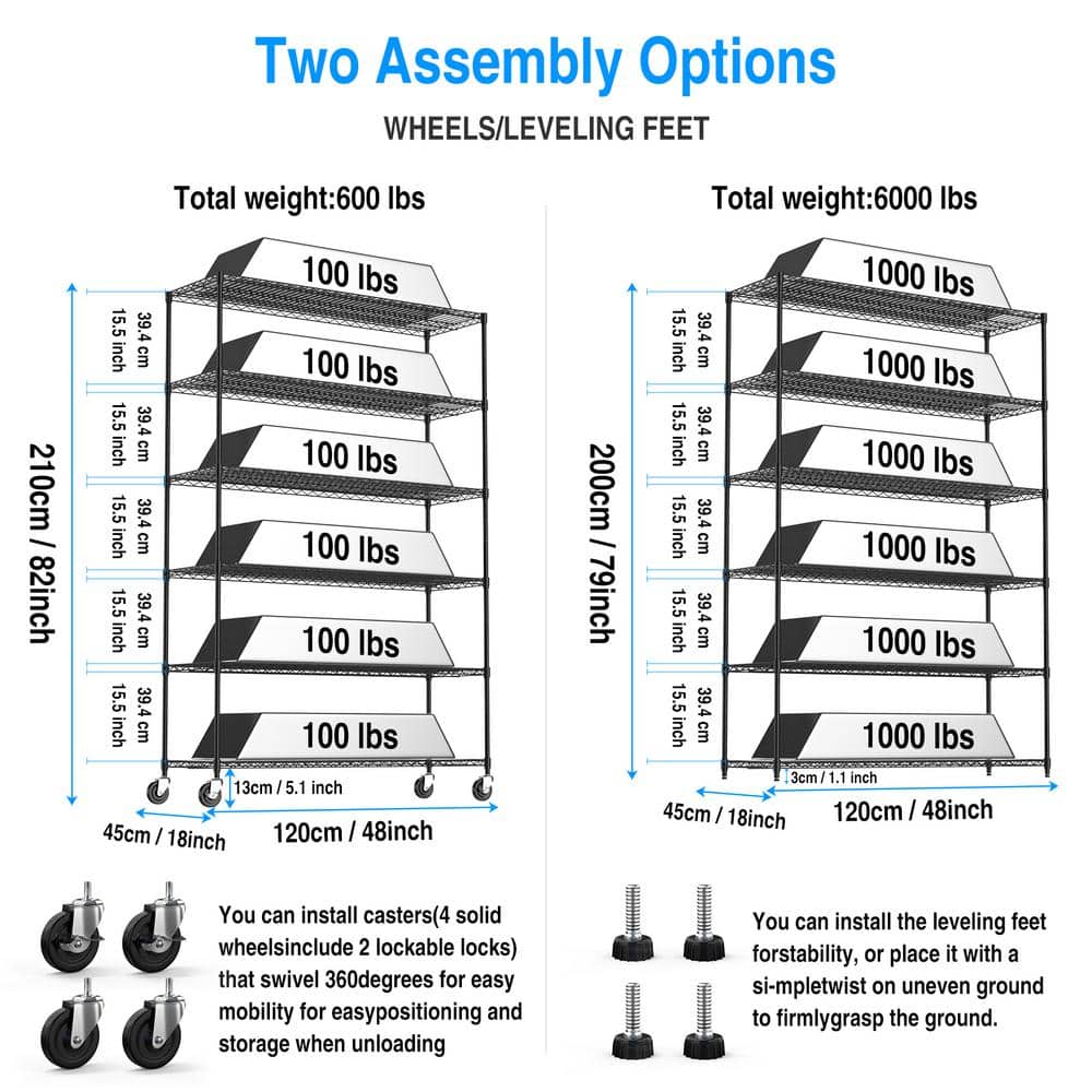 Black Heavy Duty 6-Tier Adjustable Metal Storage Rack with Wheels