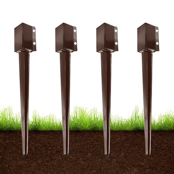 4 in. x 4 in. x 32 in. Metal Fencing Post Anchor for Patio Yard, Brown (4-Pack)