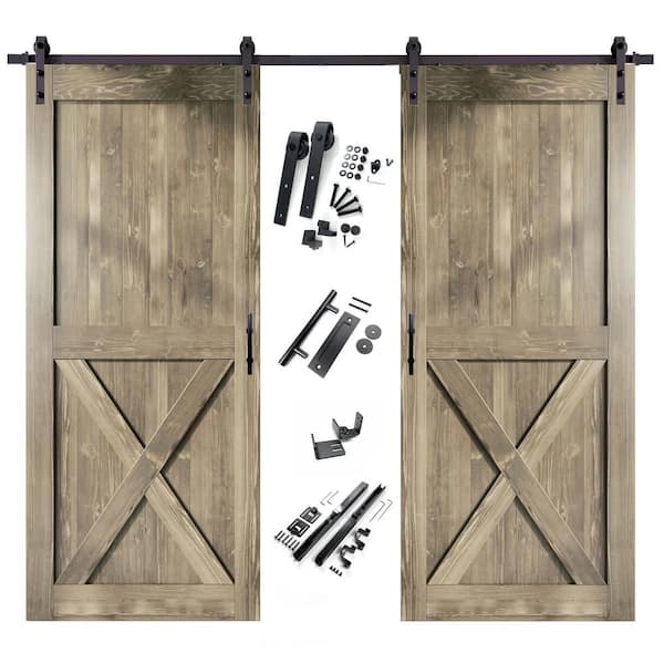 HOMACER 46 in. x 84 in. X-Frame Classic Gray Double Pine Wood Interior Sliding Barn Door with Hardware Kit, Non-Bypass