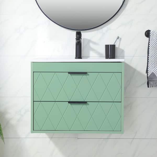 VC CUCINE 24 in. W x 15.5 in. D x 18.5 in. H Floating Green Bath Vanity with White Ceramic Sink Top with Single sink Unassembled