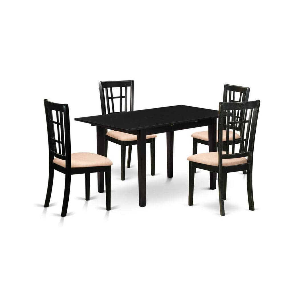 5-Piece Black Finish Solid Wood Top - Rectangular Dining Room Set with Butterfly Leaf - Seats 4