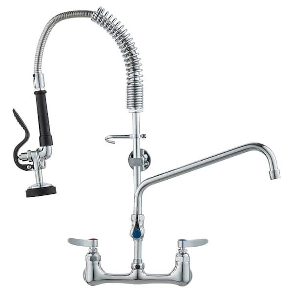 Commercial Faucet 25 in. H, 8 in. Center 12 in. Double Handle Pull Down Sprayer Kitchen Faucet with in Silver