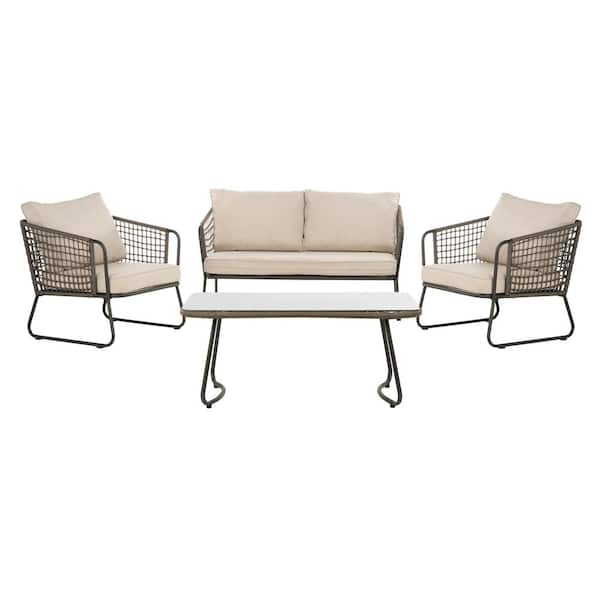 SAFAVIEH Benjin Gray 4-Piece Wicker Patio Conversation Set With Beige ...