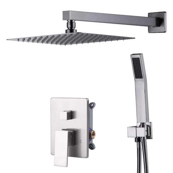 Single Handle 2-Spray Shower Faucet Set 1.8 GPM 10 in. Rain Shower Head and Handheld Spray with Valve in. Bruhsed Nickel