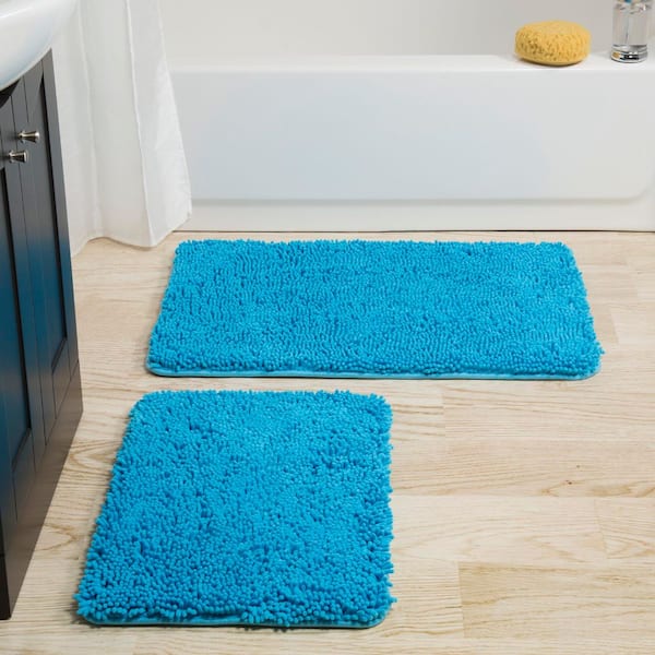 Shag Blue 21 in. x 32 in. Memory Foam 2-Piece Bath Mat Set