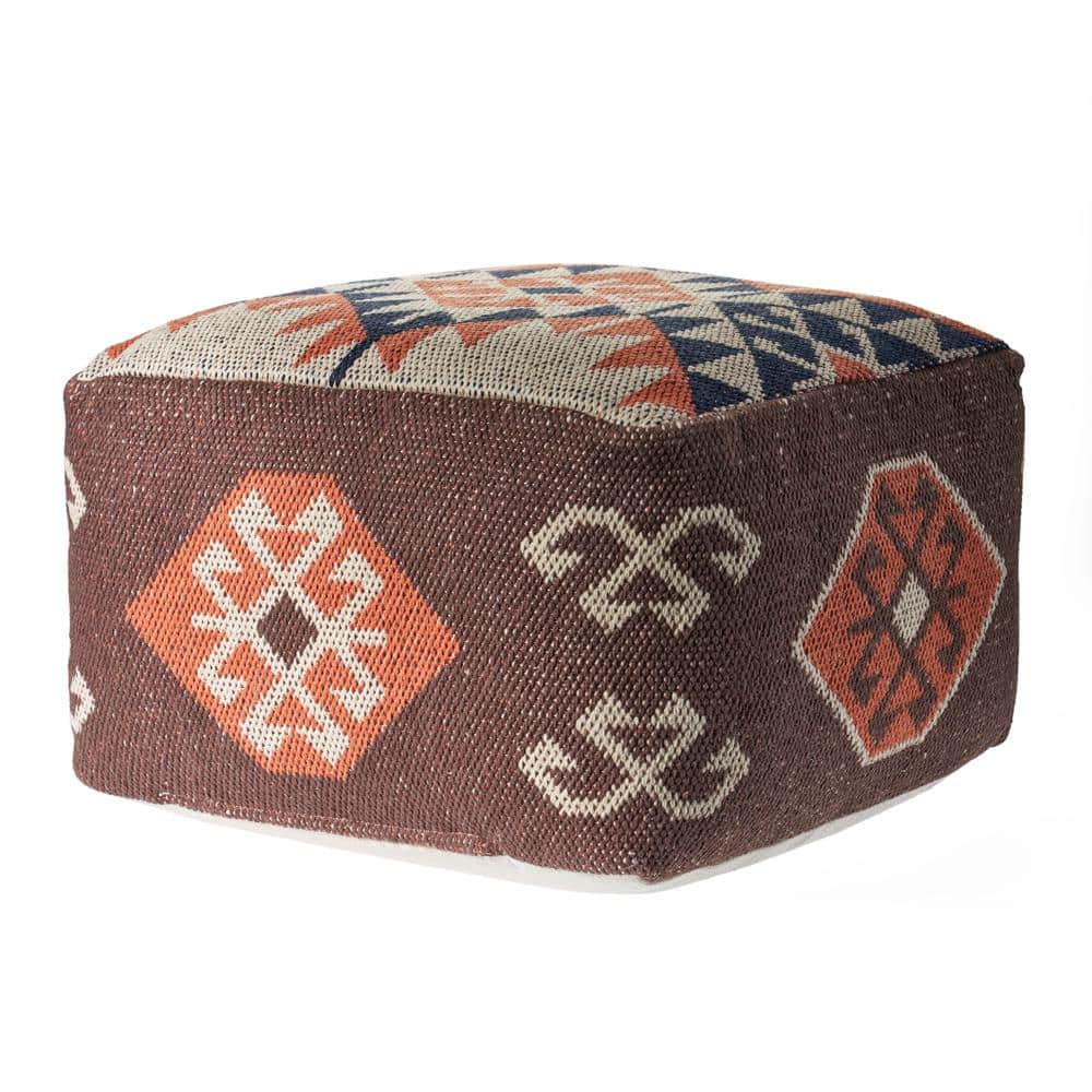 Southwestern Brown and Orange Cotton Square Pouf