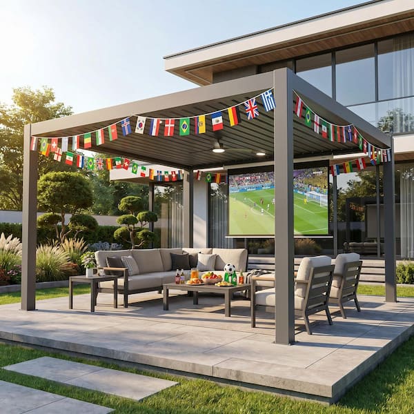 13 ft. x 14 ft. Dark Gray Aluminum Outdoor Solar-Powered Electric Louvered Pergola with Ceiling Fan and LED Lights
