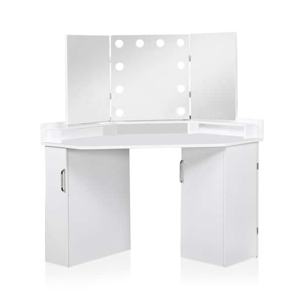 Nancy White Corner Makeup Vanity Table with Tri-Fold Mirror 57.5 in. H x 55.75 in. W x 28.375 in. D