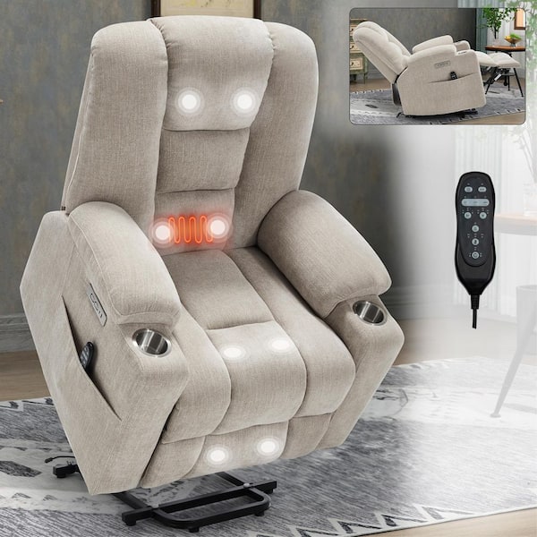 J&E Home Chenille Khaki Heat Massage Motor Power Lift Recliner Chair with USB Port and Cup Holders