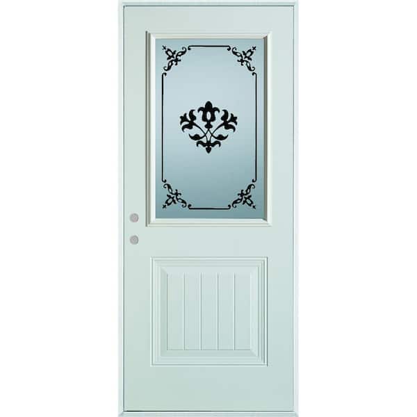 Stanley Doors 36 in. x 80 in. Silkscreened Glass 1/2 Lite 1-Panel Painted White Right-Hand Inswing Steel Prehung Front Door
