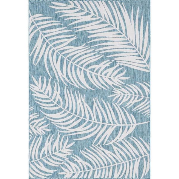 Unique Loom Outdoor Botanical Palm Light Aqua 6 ft. 1 in. x 9 ft. Area Rug