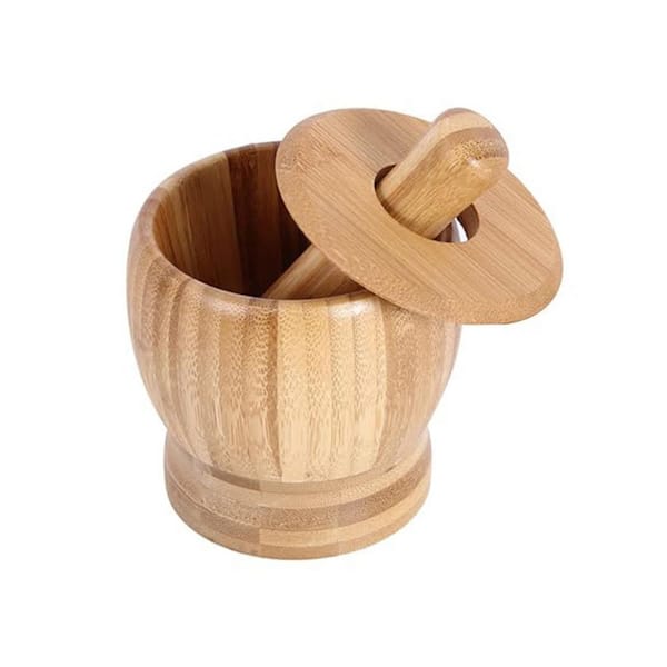 Bamboo Mortar and Pestle Set with Lid Natural Finish Garlic Ginger Herb Crusher Spice Grinder for Kitchen Easy Clean