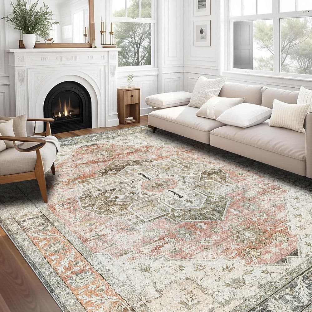 Sxiawe Sunset Canyon Orange 9 ft. x 12 ft. Antique Non Skid Indoor