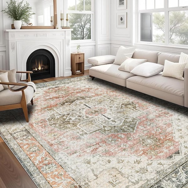 Sunset Canyon Orange 9 ft. x 12 ft. Antique Non Skid Indoor Area Rug