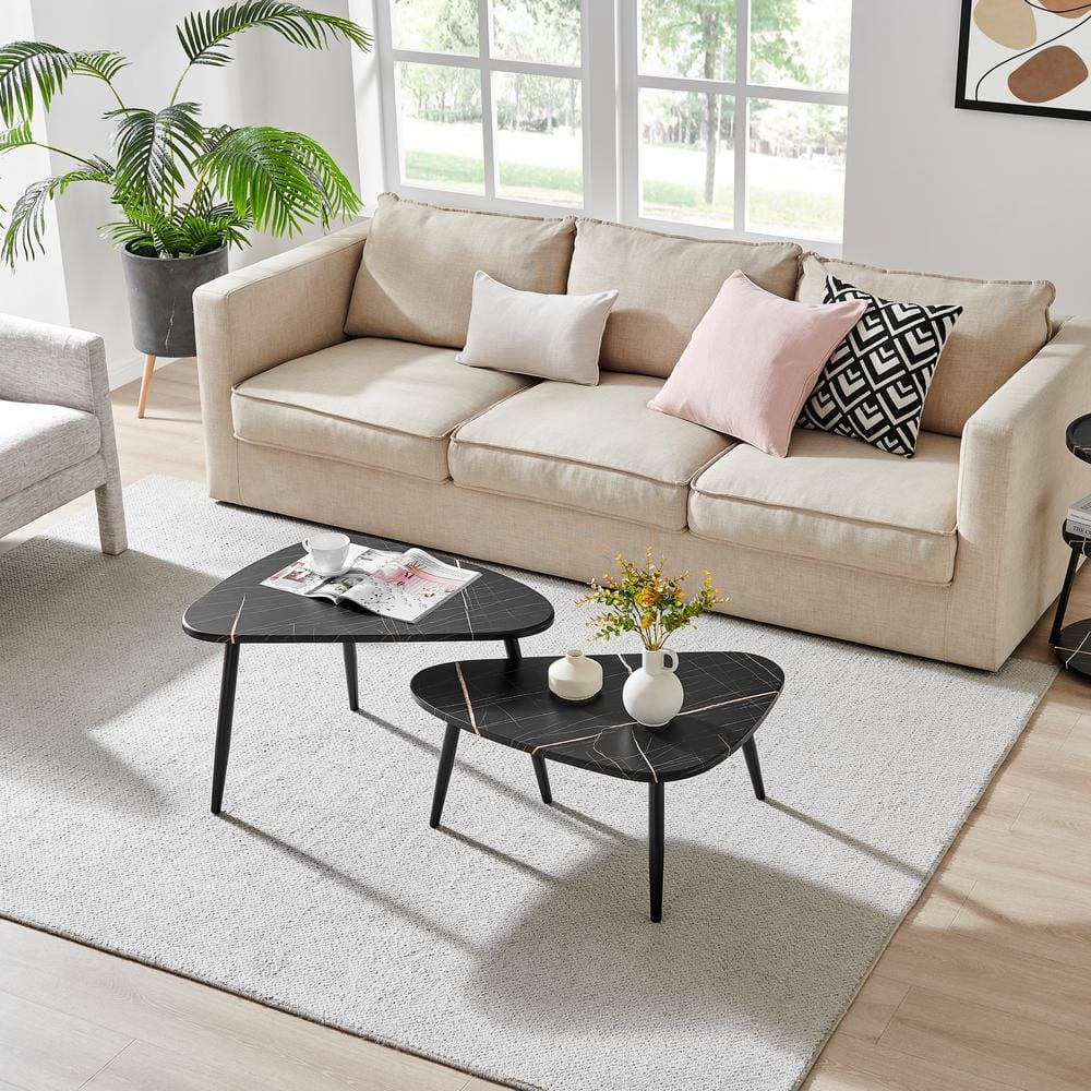 Aurora Black Marble and Metal Oval Semi-Nested Coffee Table Set