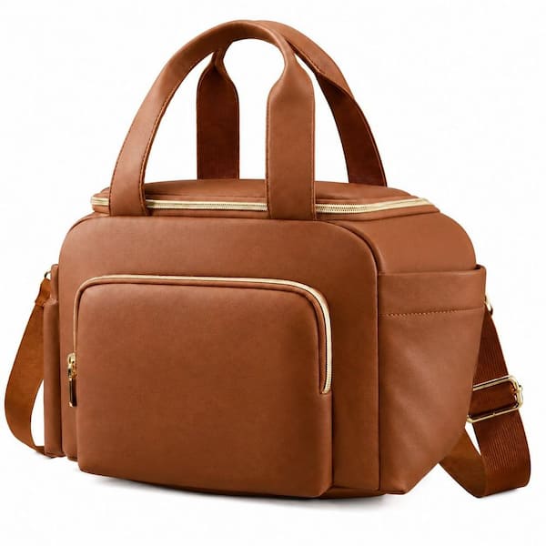 Brown Insulated Lunch Bag with Shoulder Strap, Wide Opening, PU Leather, 11L Capacity for Work and Travel