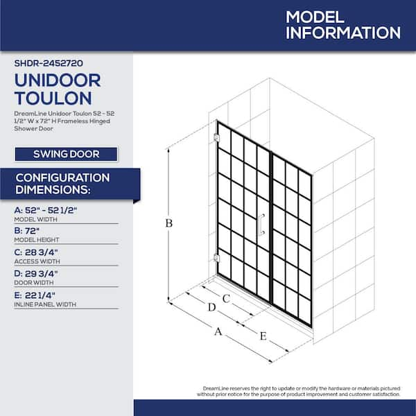 DreamLine - Unidoor Toulon 52 52 1/2 in. W x 72 in. H Frameless Hinged Shower Door in Matte Black