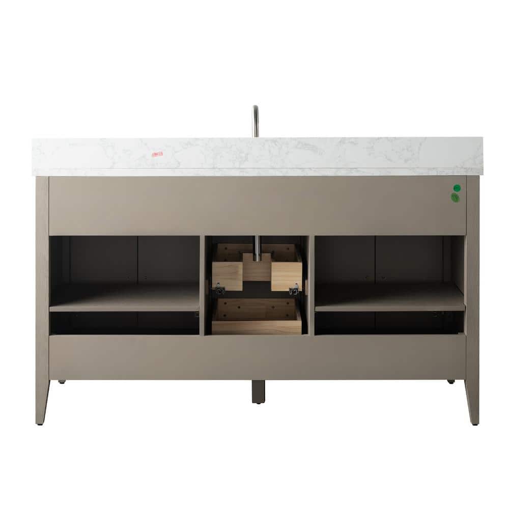 60'' Driftwood Gray MDF Single Sink Freestanding Bathroom Vanity with Engineered Marble Top