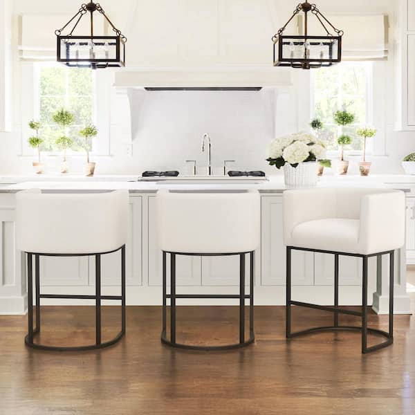 LUE BONA 26 in.Beige and Black Low Back Bar Stool with Metal Frame Counter Height Linen Upholstered Counter Stool (Set of 3)