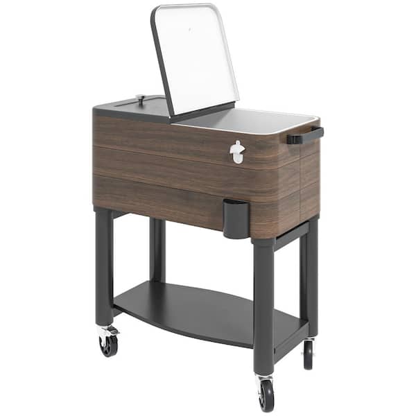 Outdoor Cooler Cart with Locking Wheels, Rolling Beverage Ice Chest, 60 Quart Capacity for Poolside BBQs, Brown