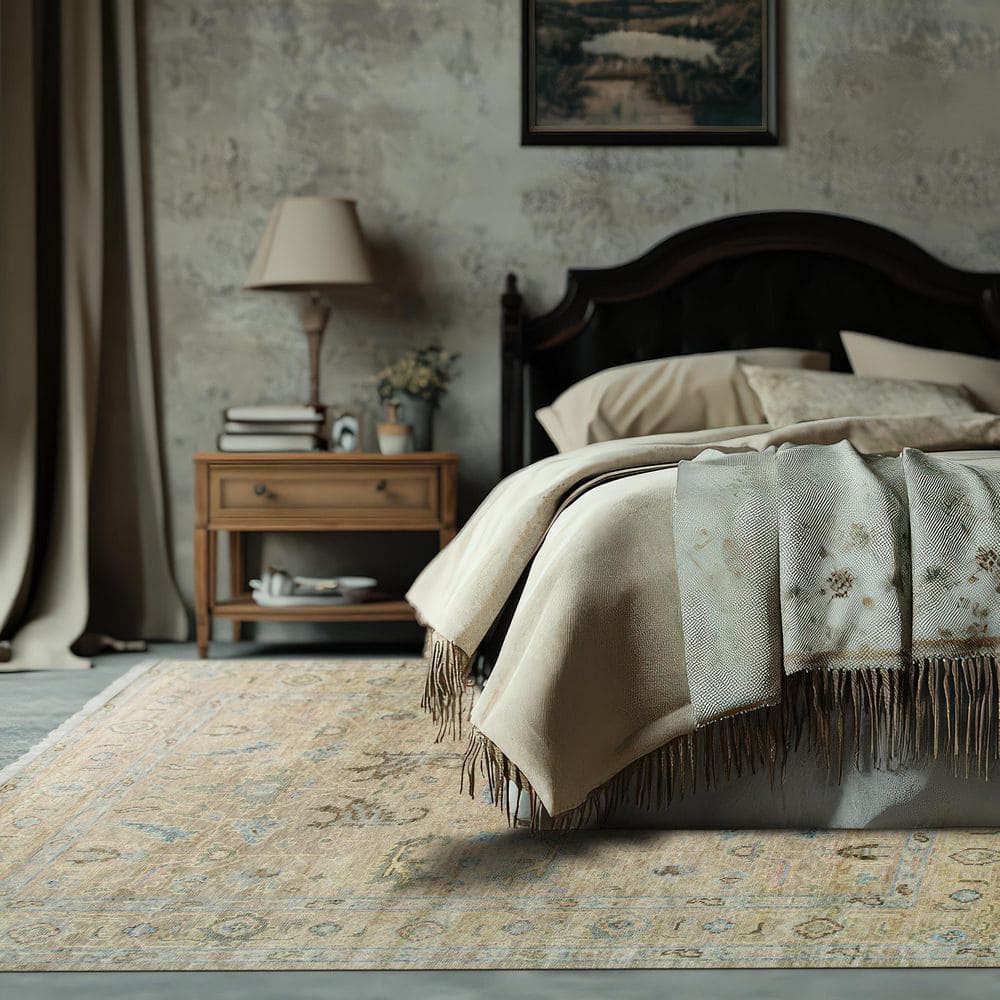 Gray and Blue Hand-Knotted Wool Square Rug