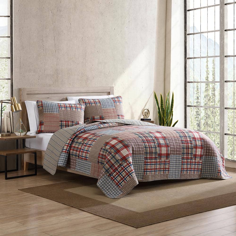 Brown Plaid Cotton Twin Reversible Quilt Set with Sham