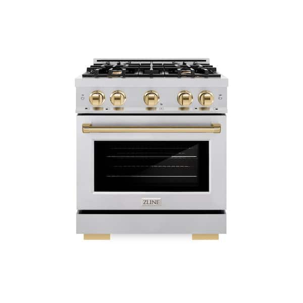 Select 30 in. 4-Burner Gas Range with Gas Convection Oven in Stainless Steel and Polished Gold
