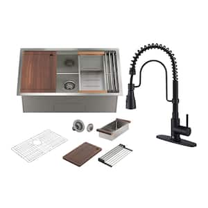 All-in-One 30 in. Undermount Single Bowl 16 Gauge Nano Brushed Stainless Steel Workstation Kitchen Sink with Faucet