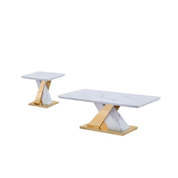 Best Quality Furniture Destiny 51" White Rectangle Faux Marble Top Coffee Table 26" Set of 2pc.