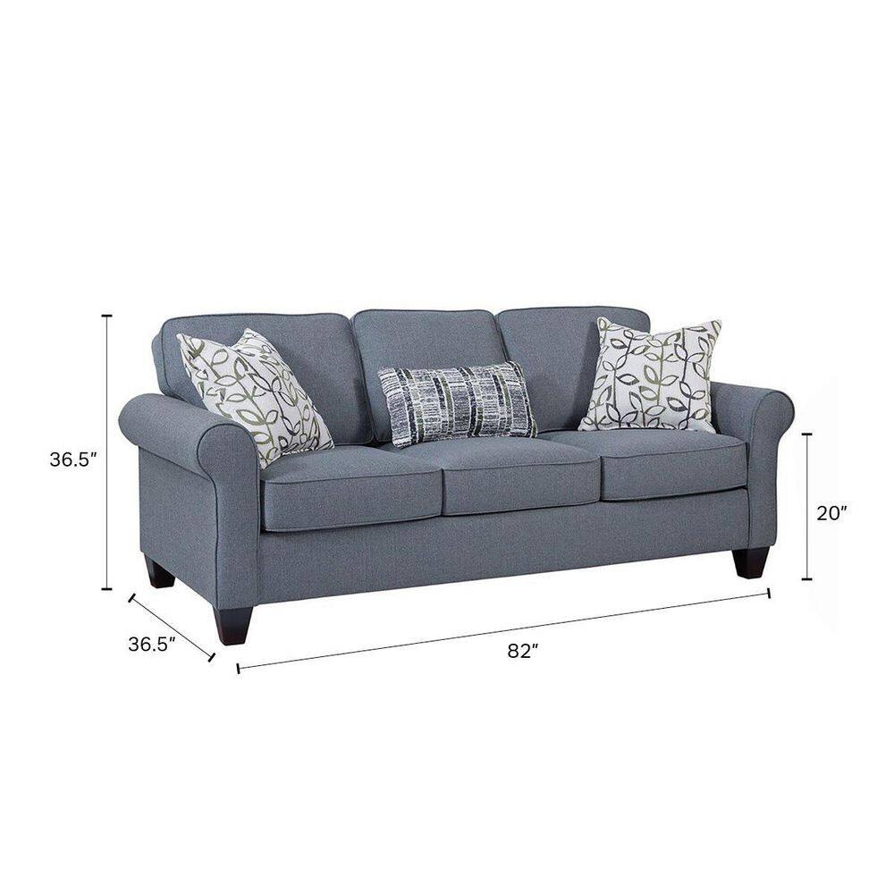Classic Cottage Blue Fabric Sofa with Rolled Arms and Pillows