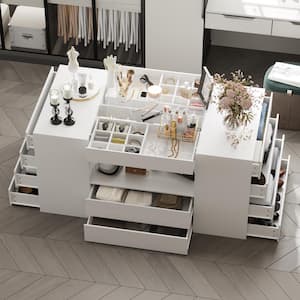 White 14-Drawers 63 in. Width Bedroom Dresser Makeup Island with Glass Top