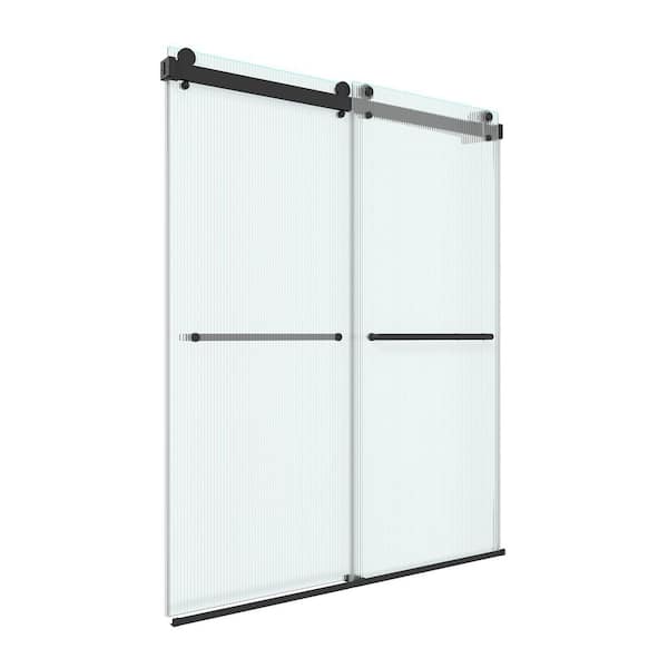 60 in. W x 76 in. H Double Sliding Frameless Shower Door in Matte Black with Easy-Clean Clear Tempered Ribbed Glass