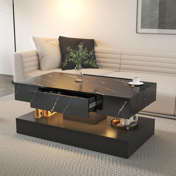 Nadia 39.4 in. Black Rectangle Wood Coffee Table with LED Lights and Storage Drawer