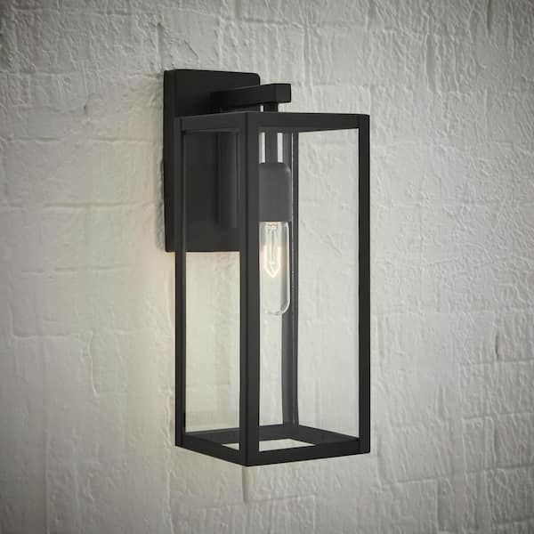 Hurley 16 in. 1-Light Modern Black Hardwired Outdoor Wall Light Lantern Sconce with Clear Glass Shade
