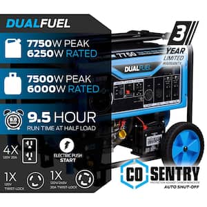 7,750/6,250 -Watt Dual-Fuel Gasoline and Propane with Push to Start Portable Home Power Generator, CO Shutoff