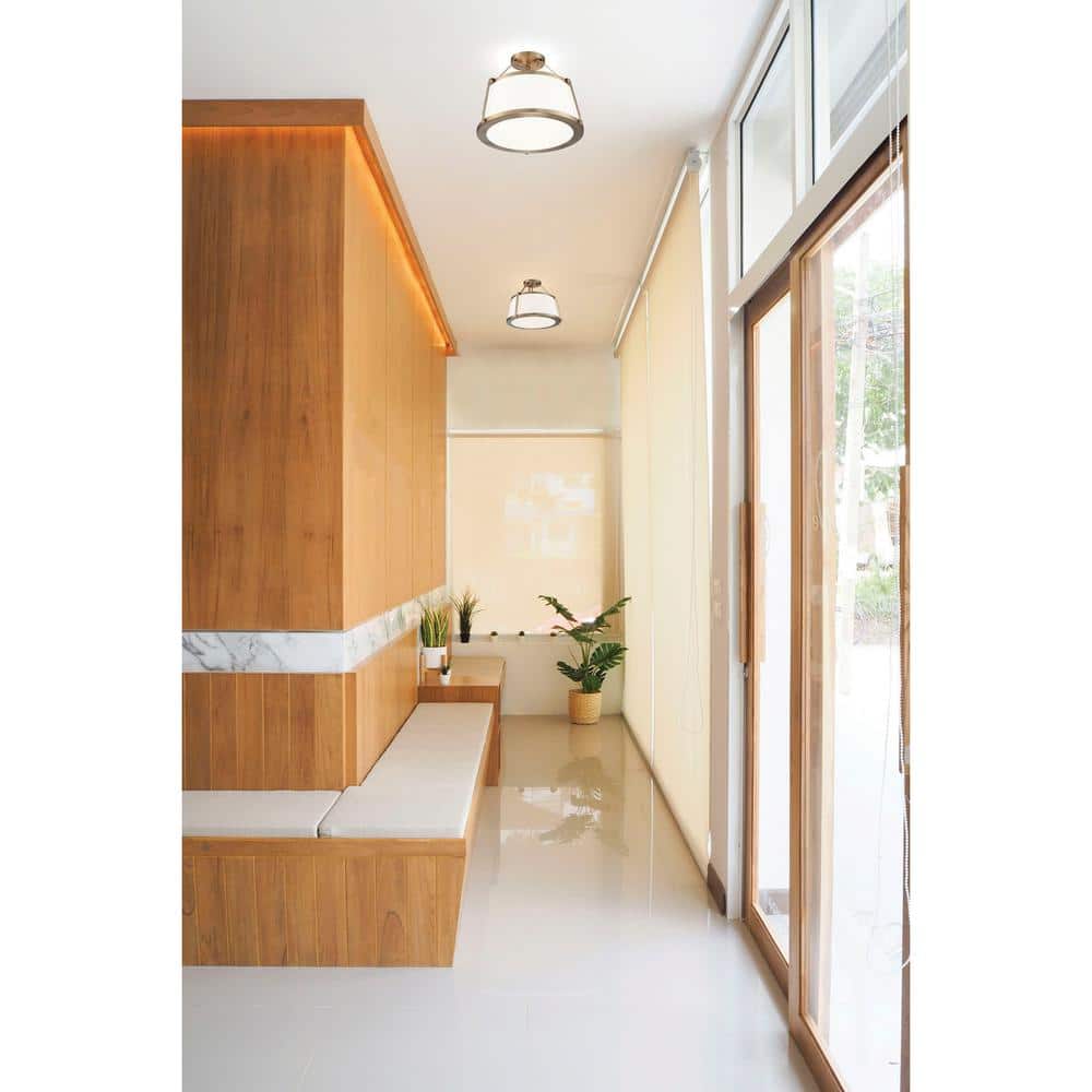 Cutty 3-Light Semi-Flush Mount in Burnished Brass with White Fabric Shade