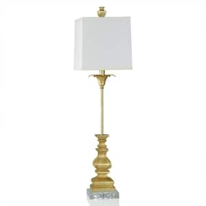 33 in. Rubbed Gold, Clear, White Flower Task and Reading Table Lamp for Living Room with White Linen Shade