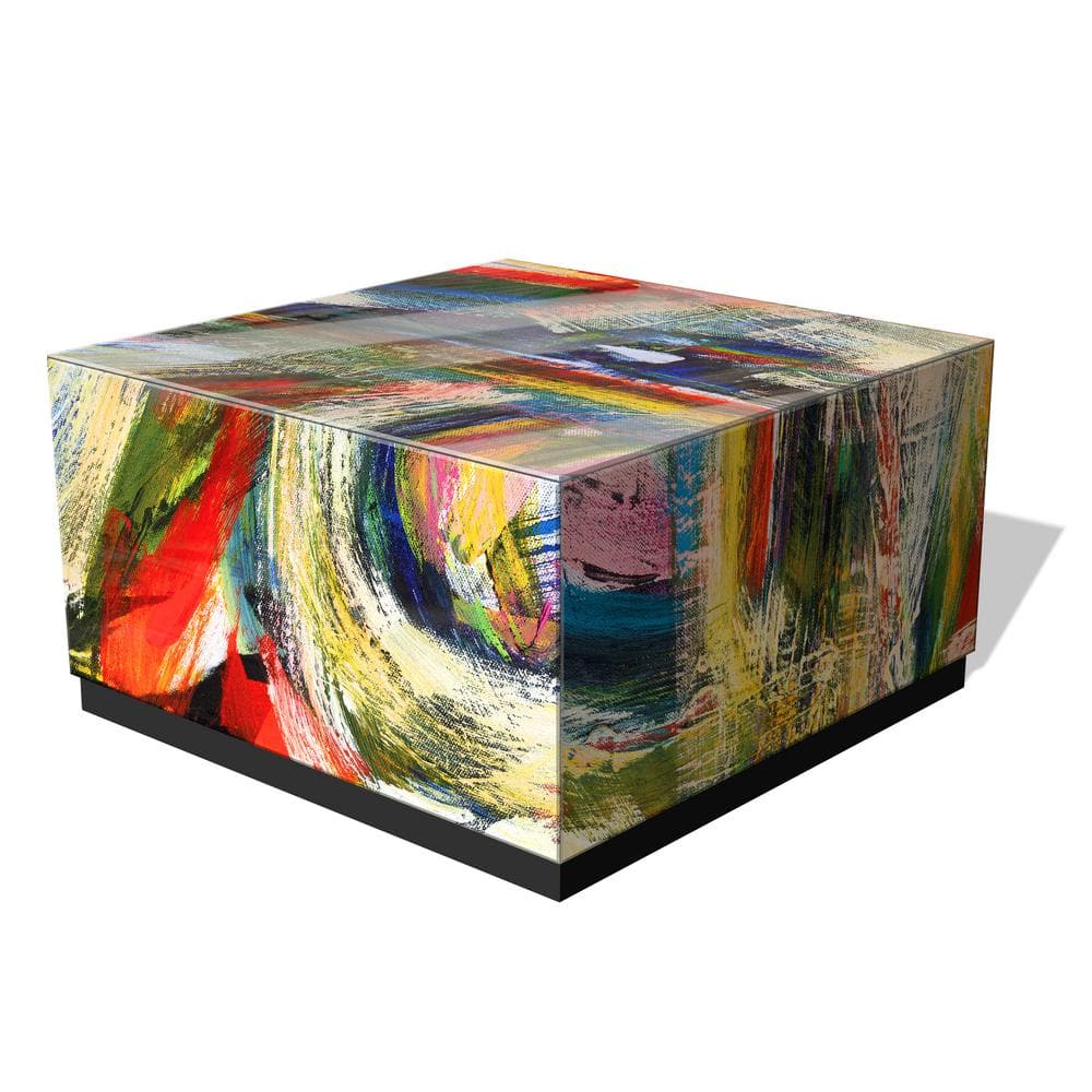 Abstract Multicolor Glass and Wood Cocktail Table