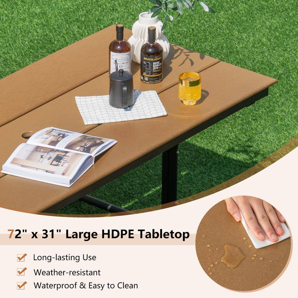 6FT Brown HDPE and Metal Outdoor Picnic Table Bench Set